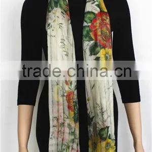 Green and Yellow Floral Printed Light Wool Scarf With Fringe thumbnail-2