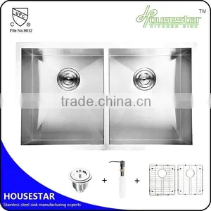 R3318 CUPC Approved Undermount Double Bowl Handmade Stainless Steel Kitchen Wash Sink With Brush Finish thumbnail-4