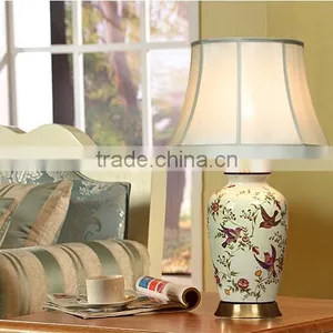Metal Base In Antique Brass Printing Birds Ceramic Body With Fabric Lampshade Vintage Style Decorative Table Lamp thumbnail-4