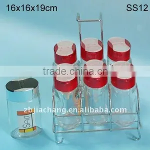 6pcs Metal Stand Glass Condiment Jar With Plastic Lid thumbnail-1
