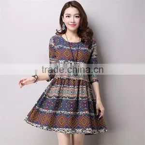 2017 New Design Large Size Fashion Ladies Retro National Wind Style Ladies Dress Cotton Printed Dress thumbnail-3