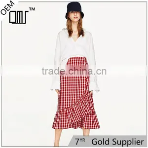 2017 NewestFront Button Fastening Red Plaid Skirt With Frill Detail thumbnail-6