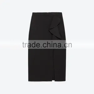 Black Frill Pencil Midi Skirt With Front Split /Bulk Wholesale Clothing Factories thumbnail-4