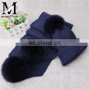 Winter Wool Knitted Beanies Scarf Fox Fur Pompom Knitted Hat Wool thumbnail-6
