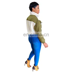 Stand Collar Long Sleeve Fleece Cropped Jackets Autumn Winter Zipper Pockets Plush Soft Coat Casual Color Block Furry Outerwear thumbnail-5