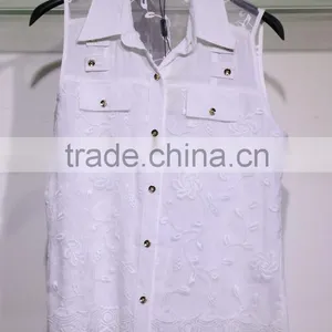 Women's Sleeveless Rayon Blouse With Lace Flower Rattan and Flaps White thumbnail-1