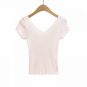 Slim Fit, Deep V-neck, Slim Figure, Flying Sleeves, Short Sleeves, Knitted T-shirt for Women, Khaki, One Size Fits All, Pink thumbnail-1
