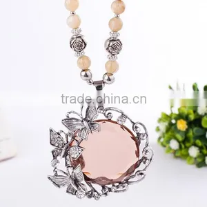 Fashion Jewelry Circle Shaped Crystal Pendant Necklace Beads Chain Long Necklace thumbnail-2