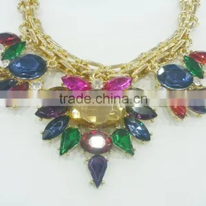 FASHION MULTI COLOR GLASS STONE HAND MADE CHAIN STATEMENT NECKLACE thumbnail-2