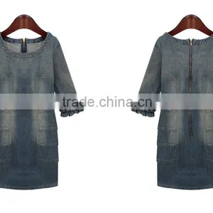 2015 New Arrival Latest Half Sleeve Denim Halter Dress Retro Denim Woman One-piece Office Dress thumbnail-1