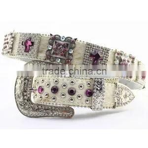 Cowgirl Purple Rhinestone Cross Crystal Studded Western Leather Hair Belts thumbnail-1