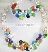 Wholesale 2 Rows 18" 7-8mm White Pearls & Multicolor Cateye Stone Necklace & Bracelet Set thumbnail-1