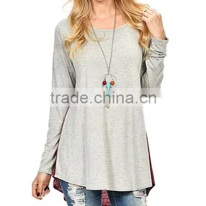 Women Fashion Long Sleeve Heather Gray Charcoal Color Block Hi-Low Tunic Tops Blouses Wholesale thumbnail-5