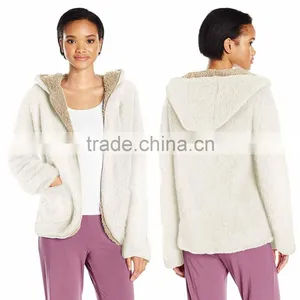 Sherpa Fabric Reversible Cardigan Jackets 100% Polyester Women's Pockets Hooded Open Front Plush Sherpa Cardigan thumbnail-1
