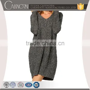 Loose Grey v Neck Long Sleeves Ladies Sweater Designer One Piece Dress With Hoodie thumbnail-1
