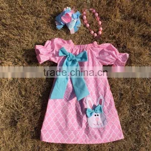 2015 Baby Girls Easter Pink Quatrefoil Teal Bunny Dress Kids Clothes With Necklace and Bows Set thumbnail-1