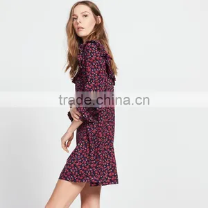 Ruffled at Neck and Cuff, Ladies Round Neck and Long Sleeve Dress thumbnail-4