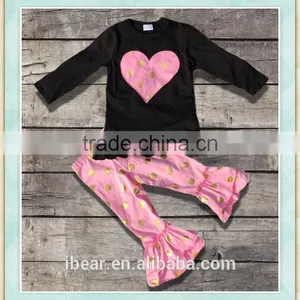 Baby Girl Clothing Little Girls Boutique Outfits Fall Pink Heart Gold Dot Sequin Icing Triple Ruffles Icing Pants Girls Sets thumbnail-1