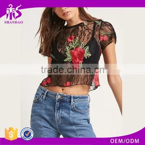 Guangzhou Shandao OEM Service Summer New Design Fashion Short Sleeve Black Lace Embroidered Womens Crop Top thumbnail-1