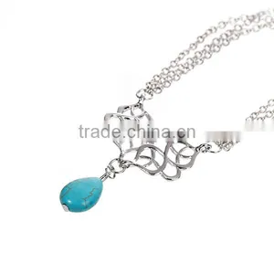 New Fashion Link Cable Chain Silver Tone Hollow Pattern Carved Connector With Turquoise Drop Pendant Body Arm Chain Necklace thumbnail-2