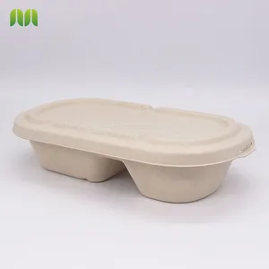 Sugarcane Bagasse Take Out Food Container 2 Compartment Oval Bgasse Bowl With Lid thumbnail-5