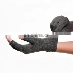 Men Women Grey Half Finger Hands Cotton Compression Arthritis Gloves For Pain Relief thumbnail-4