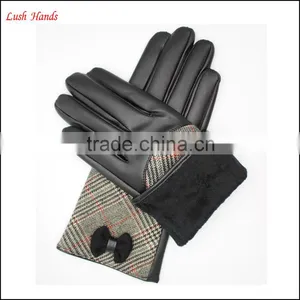 Ladies High-quality Black Leather Gloves With Checked Cloth Handback thumbnail-6