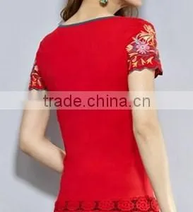 Summer Wear New National Style Embroidery Women's Short Sleeve of Women Tshirts thumbnail-2