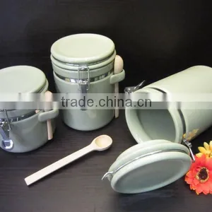 3 Pieces Green Ceramic Canister Set, Glaze Ceramic Canister thumbnail-1