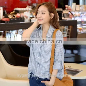 Women's Fashion Sky Blue Color Plaid Shirt Lady Blouse thumbnail-1