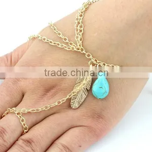 Bohemian Turquoise Bead Leaf Metal Finger Ring Multi Chain Hand Slave Bracelet thumbnail-3