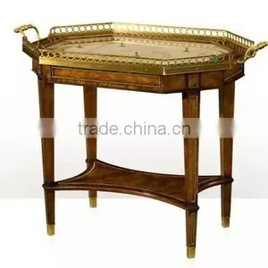 Handmade Marquetry Square Wood Coffee Table Vintage Living Room Furniture Solid Wood Carved Side Table With Bronze Side Handles thumbnail-1