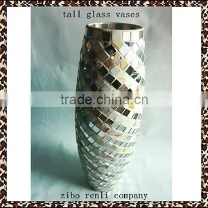 Square Tile Mirrored Stone Mosaic Elegant Drum Shape WeddingTall Glass Vases Big thumbnail-1