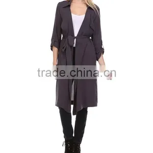 Fashion Modern Apparel Women Trendy Turkey 3/4 Sleeve Plain Spring Winter Coat Charcoal Sheer Trench Long Coat thumbnail-2