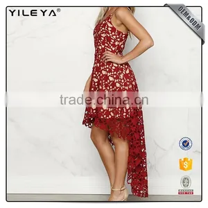 China Dress Manufacturer Women Dress Fashion Short Front Long Back Casual Red Hollow Out Lace Dress thumbnail-2