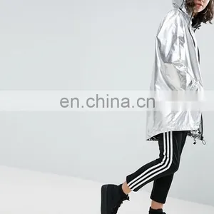 Wholesale Classic Outside Women Nylon Custom Plain Sliver Metallic Long Jacket thumbnail-1