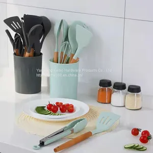 Non Stick Spatula Set Contains 12 Pieces of Bucket Creative Food Grade Hengshao Tools, Wooden Handle Silicone Kitchenware thumbnail-1
