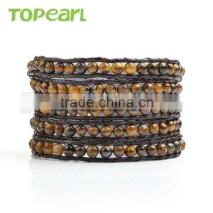 Topearl Jewelry 2016 Tiger Eye Fashion Bracelet Woven Leather Wrap Bracelet 33.5 Inches CLL136 thumbnail-1