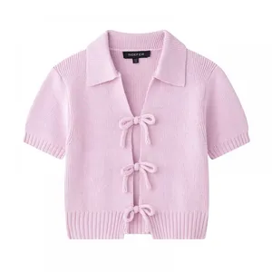 Bow-decorated Knitted Top 2025 Design Sense Slim Short-sleeved T-shirt Summer Fashion Versatile thumbnail-1