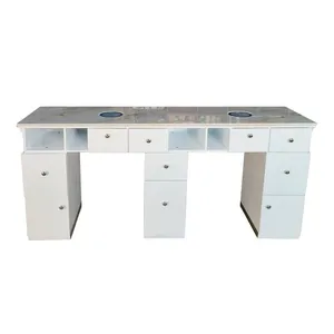 Luxury White Leather Tufted Nail Table for Nail Manicure Salon With Dust Collector & Drawers for Workshops thumbnail-3