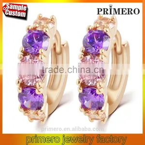 Hot Sell Gold Plated Purple Crystal Jewelry Round Zirconia Design Earrings Chinese thumbnail-1