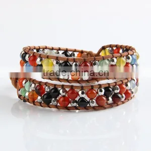 Pure Manual Discus Agate Bracelet Around Two Laps Leather Bracelet Grey Leather Bracelet thumbnail-1