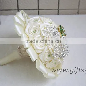 Graceful Wedding Bouquet With Rhinestones Satin Silk Ribbons Pearls Jewels Bridal Bouquet Bridesmaid Bouquet thumbnail-3