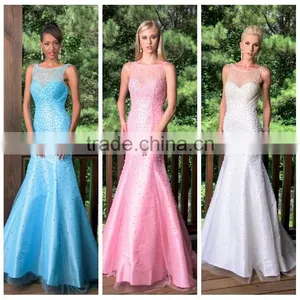 Three Color Satin off Shoulder Long Beaded Evening Dress 2015 thumbnail-1