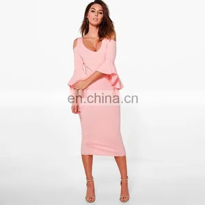 New Fashion Custom Plain Pink Bell Sleeve Cold Shoulder Sexy Women Dress thumbnail-1