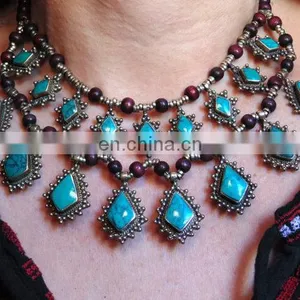 BlueTurquoise Necklace - Kuchi Pendant Necklace- Coin Necklace- Afghan Necklace -Bohemian Necklace Set - Turquoise Afghan Set thumbnail-1