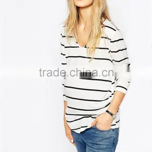 Wholesale 100 Cotton Long Sleeve Soft Stripe Maternity Tops thumbnail-2