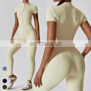 Custom Activewear Quick Dry Breathable Zipper Short Sleeve Leggings Jumpsuit Workout Rompers Jumpsuits Playsuits Bodysuits thumbnail-5