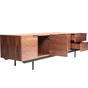 Mid Century Modern Solid Walnut Wood TV Cabinet Black Metal Legs Living Room Storage Media Console Credenza thumbnail-4