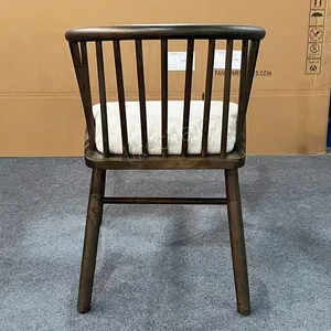 Nordic Style Solid Rubber Wood Windsor Dining Arm Chair Soft Linen Cushion Ergonomic Curved Backrest Durable Hotel Dining Chair thumbnail-3